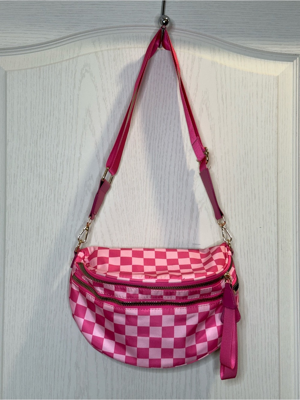Pink Checkered Nylon Crossbody Shoulder Bag - viral mom bumbag style